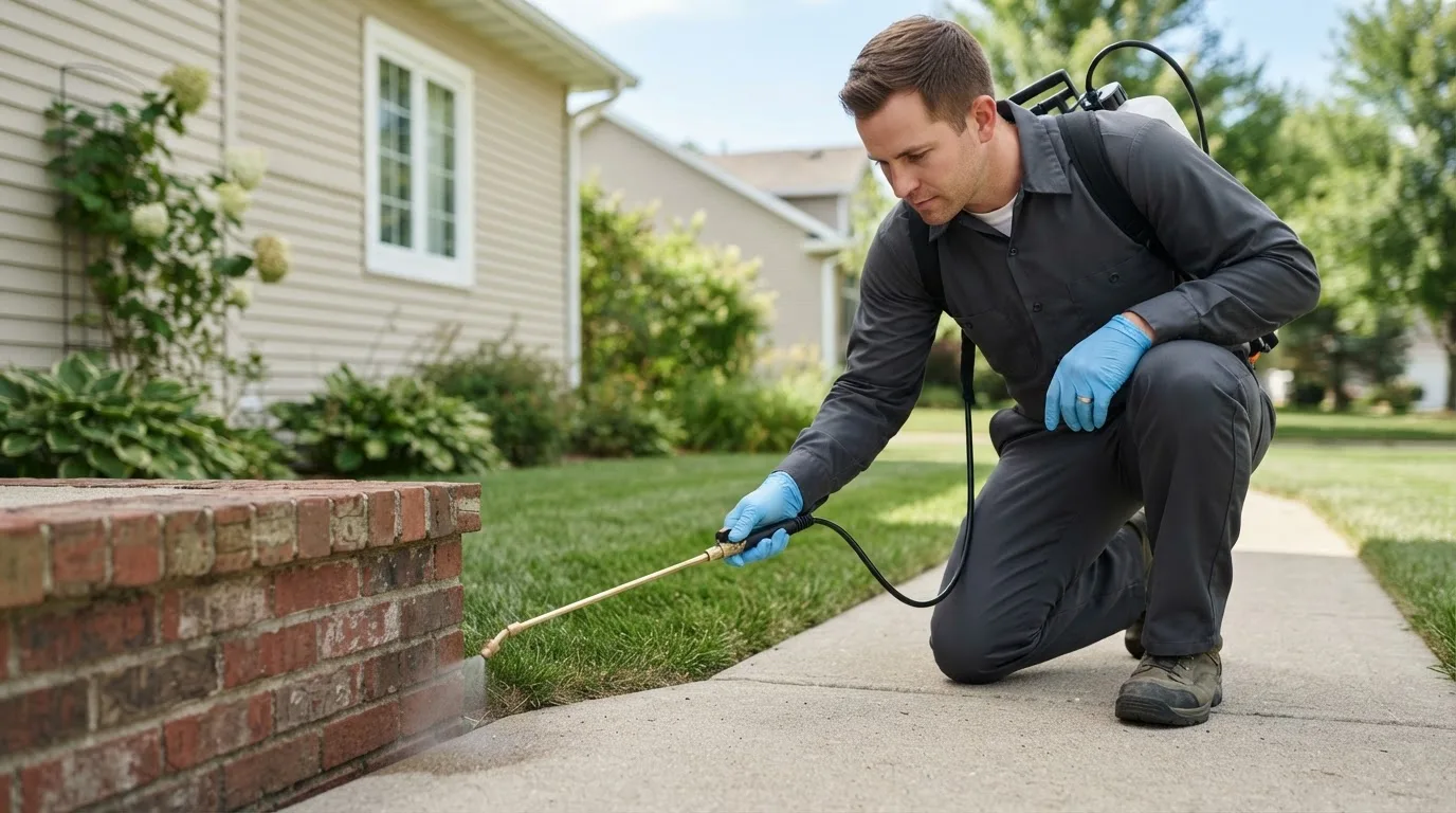 Pest control technician treating a home near Paullina, IA