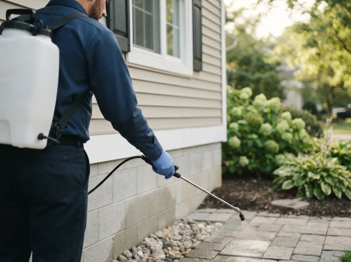 Pest control technician inspecting a home in Paullina, IA